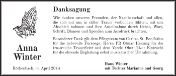 Traueranzeige von Anna Winter von Pegnitz-Zeitung